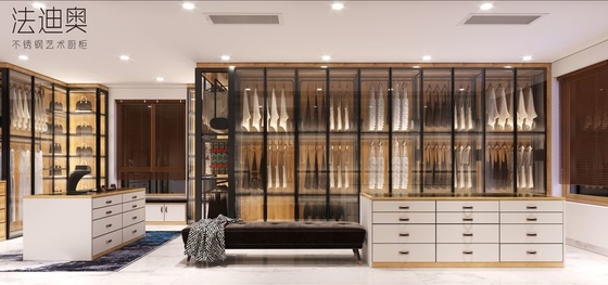 Robust Expansive Stainless Steel Open Walk In Closet With Glass Doors