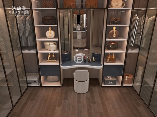U Shaped Navy Blue High End Walk In Closets With Transparent Glass Doors OEM ODM