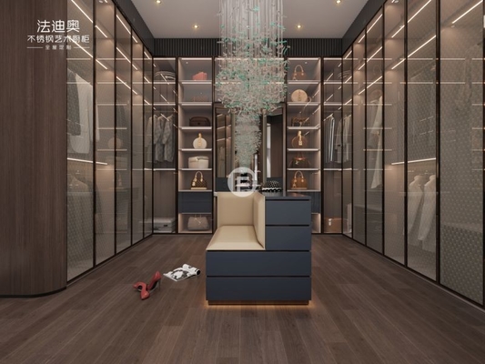 U Shaped Navy Blue High End Walk In Closets With Transparent Glass Doors OEM ODM
