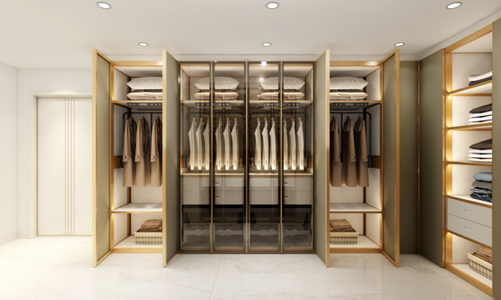 Sophisticated Green Bean Gray U Shaped Walk In Closet With Metallic Finish Trim