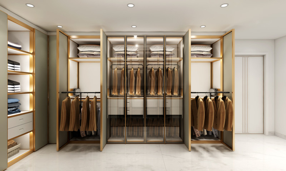Sophisticated Green Bean Gray U Shaped Walk In Closet With Metallic Finish Trim