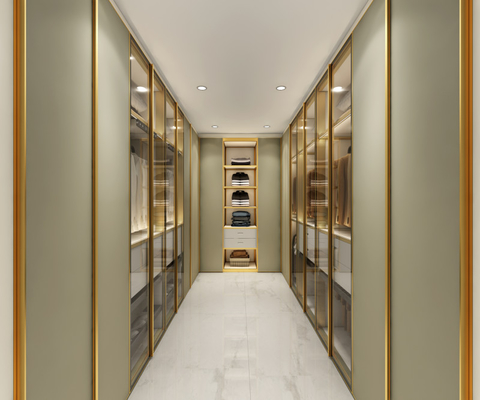 Sophisticated Green Bean Gray U Shaped Walk In Closet With Metallic Finish Trim