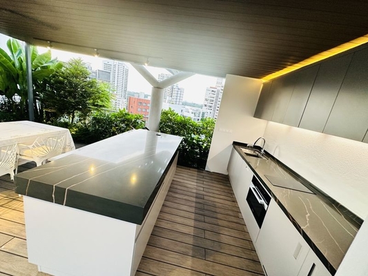 Minimalist Stainless Steel Outdoor Kitchen Cabinet Units With Black Quartz Countertops Island