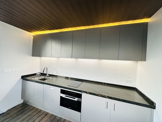 Minimalist Stainless Steel Outdoor Kitchen Cabinet Units With Black Quartz Countertops Island
