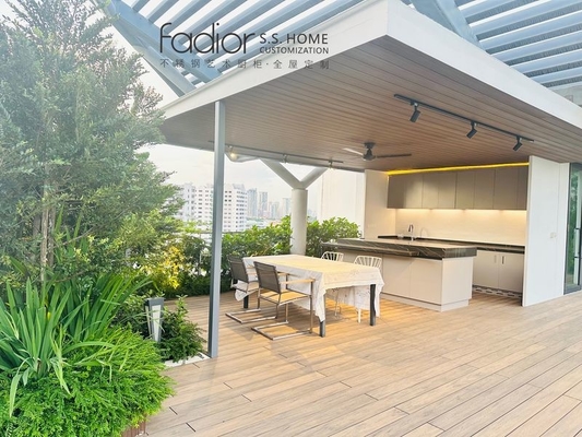 Minimalist Stainless Steel Outdoor Kitchen Cabinet Units With Black Quartz Countertops Island