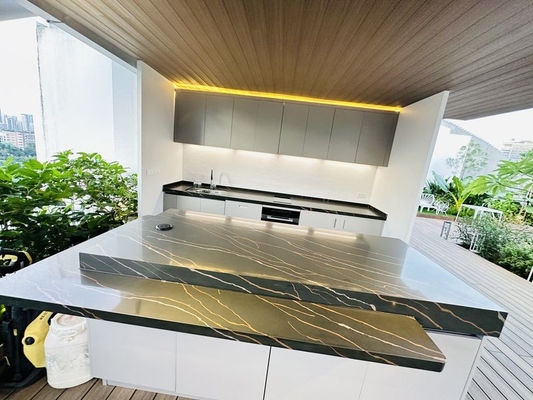 Minimalist Stainless Steel Outdoor Kitchen Cabinet Units With Black Quartz Countertops Island