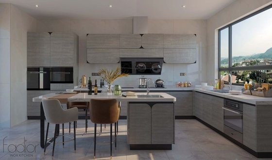 Stone Texture Stainless Steel U-Shaped Kitchen Cabinet With Curved Doors Design