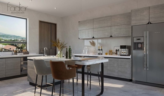 Stone Texture Stainless Steel U-Shaped Kitchen Cabinet With Curved Doors Design