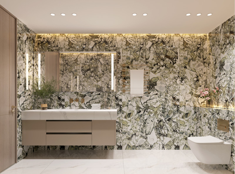 Sleek Stainless Steel Bathroom Vanity Cabinet White Quartz Top Gold Faucets And Square Mirror