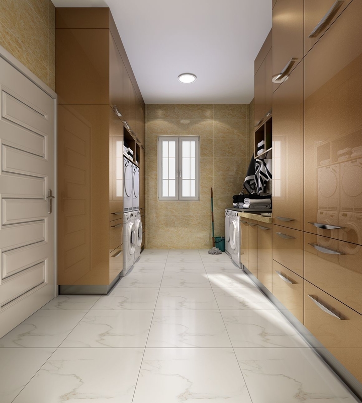 Gold Stainless Steel Laundry Room Cabinets With Customizable Storage And Appliances Integration