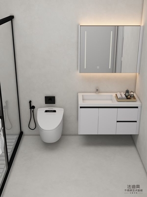 Tijdloze, witte, op de muur gemonteerde badkamer met spiegelkast