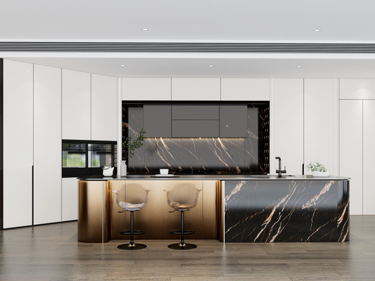 Luxe SS moderne keukenkas met multifunctionele gebogen metalen goud eiland